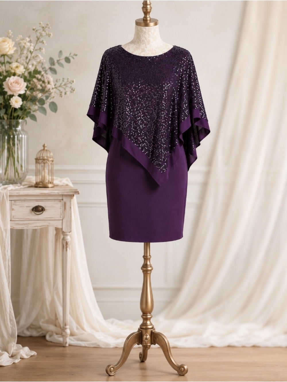 Beautiful R&M Richards Plum Sequined Cocktail Dress.